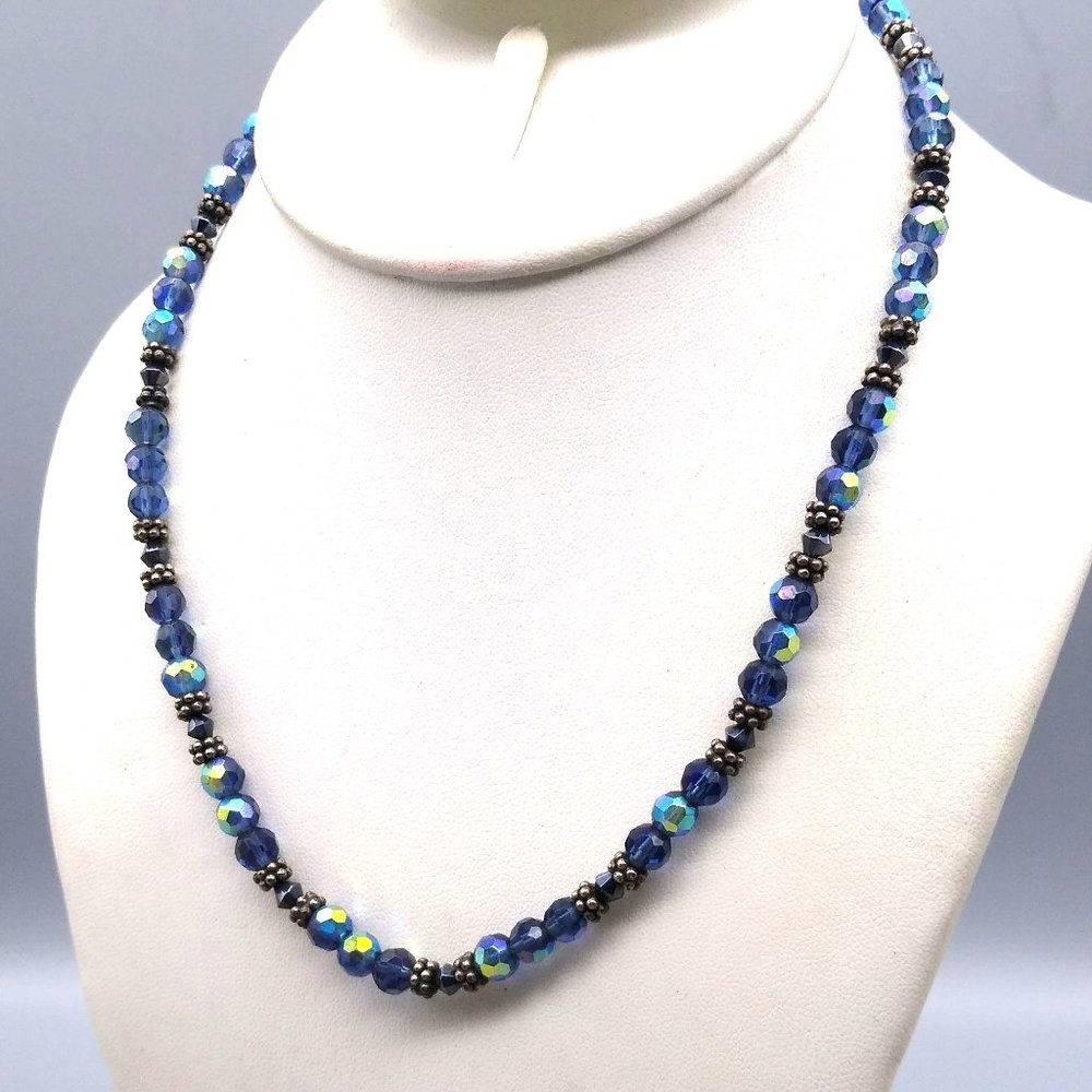 Vintage Faceted AB Crystal Necklace, Lovely Flashing Blue Beads with Silver Tone